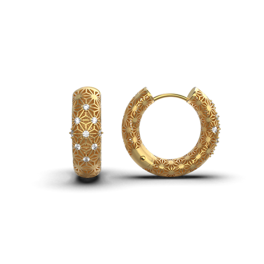 Italian Diamond Gold Hoops Earrings Star Pattern
