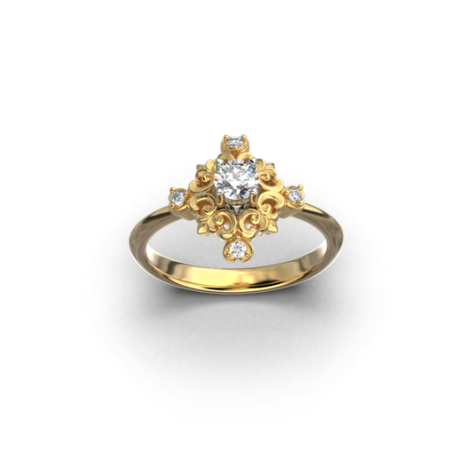 Italian diamond engagement ring made in Italy by Oltremare Gioielli in 14k or 18k gold in Baroque style
